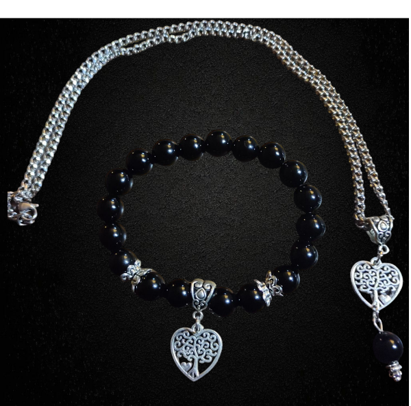 Bracelet, collier, femme, pierres naturelles, onyx, arbre de vie, coeur