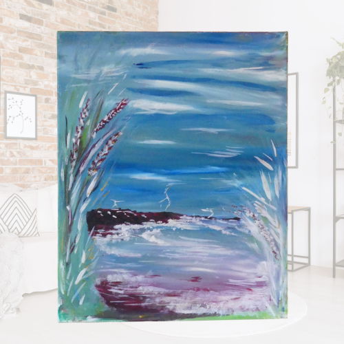 peinture à l'huile avec des vagues sur des montagnes